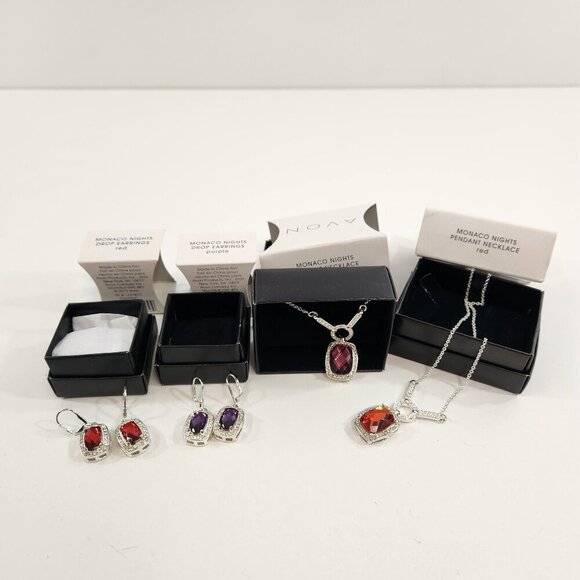 Avon Monaco Nights Drop Earrings Pendant Necklace Gift Sets Purple & Red NEW - Picture 1 of 15
